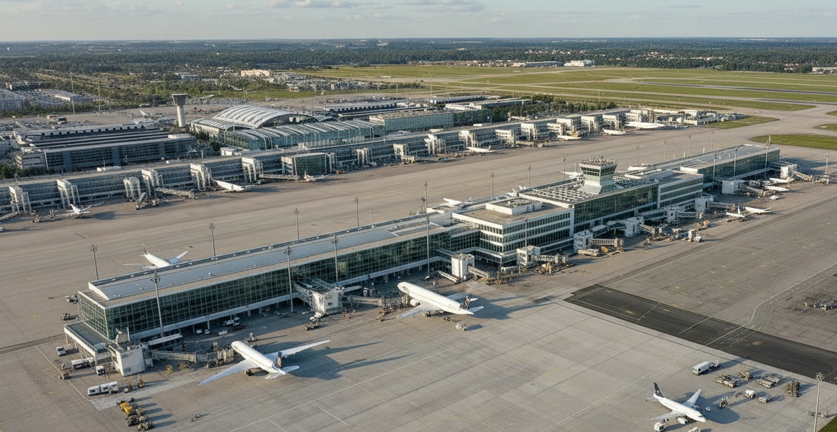 Luftaufnahme eines Flughafens mit mehreren Terminals und parkenden Flugzeugen.
