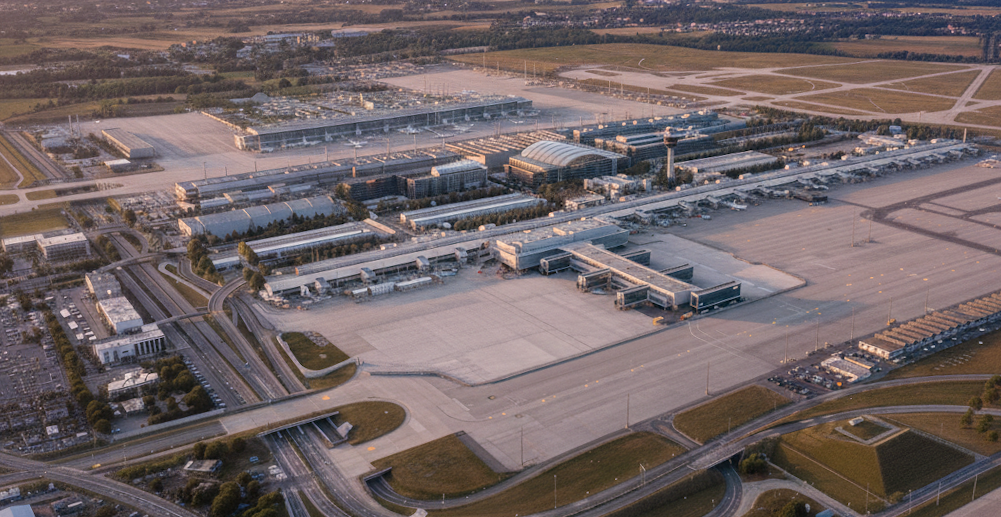 Luftaufnahme eines großen Flughafens mit mehreren Terminals und Startbahnen.