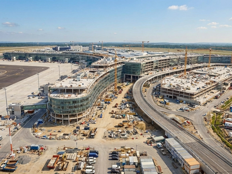 Bauarbeiten an einem modernen Flughafen mit Straßen und Kränen im Hintergrund.