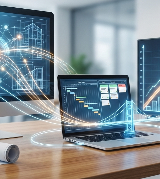 Moderne Büroumgebung mit Laptop und zwei Monitoren, die Grafiken und Datenvisualisierungen anzeigen.