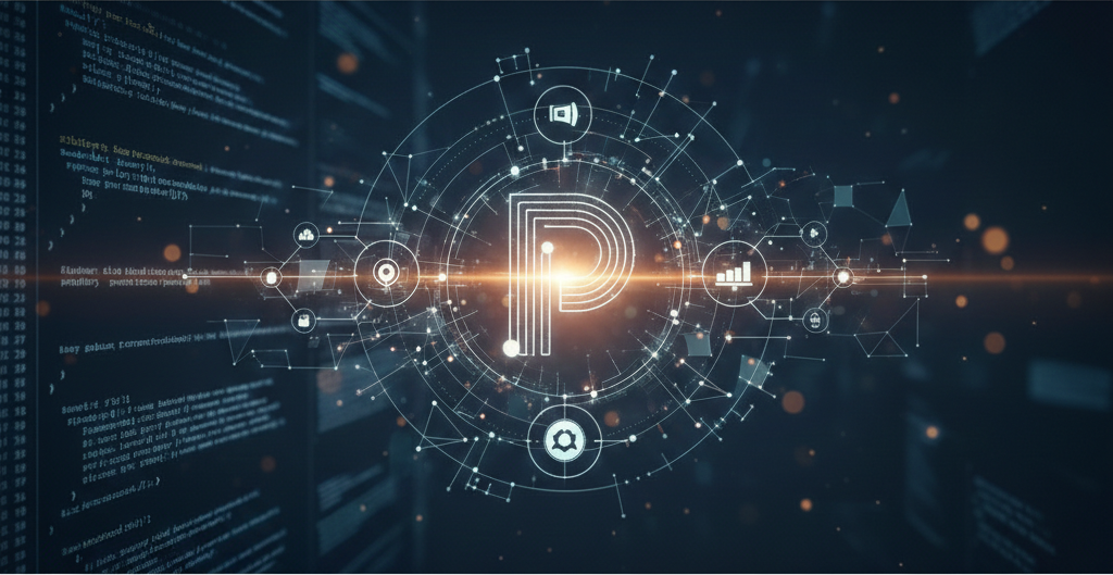 Grafik mit einem leuchtenden "P" in einem Netzwerk von digitalen Elementen und Verbindungen.